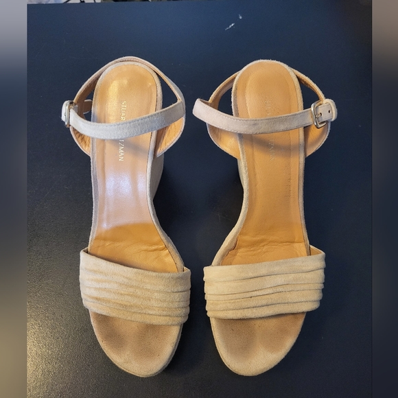 Stuart WeitzmanSundraped Suede Platform Wedge Sandals, Med. Beig - Picture 2 of 11